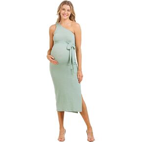 LaClef Womens One Shoulder Side Slit Tie Waist Maternity Dress