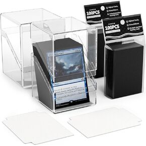 Card Deck Box, Clear Commander Card Deck Case with 100 Pack Card Sleeves, Standard Size Card Deck Storage Box Fit for MTG, Trading Cards, Sport Cards (Navy Blue)