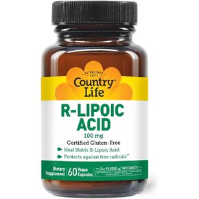 Country Life R-Lipoic Acid, 100mg, 60 Vegan Capsules, Certified Gluten Free, Certified Vegan, Certified Halal, Non-GMO Verified