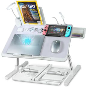 Laptop Lap Desk,Laptop Lap Desk 【Include Cooling Fan】,Adjustable Lap Desk with Light Fan,Folding Laptop Desk for Bed with USB,Bed Desk with Storage Drawer,23.62"*15.74",White