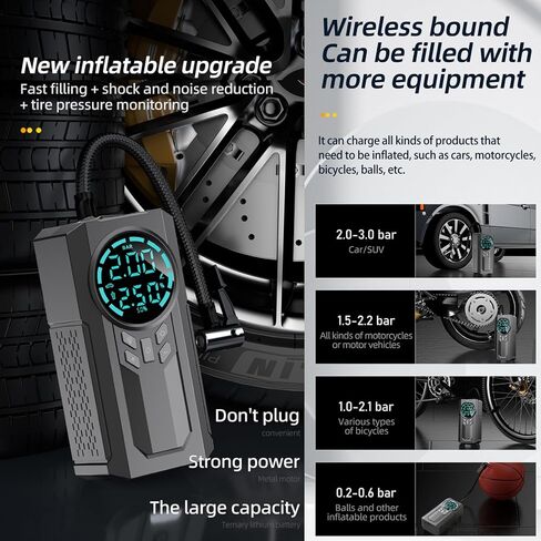 منفاخ إطارات VOLSIVE ضاغط هواء محمول، مضخة هواء تيار مستمر 12 فولت لإطارات السيارات، شاشة رقمية 150 رطل لكل بوصة مربعة مع مقياس ضغط الإطارات مضخة نفخ السيارة مع ضوء LED للسيارة والدراجات والدراجات النارية والكرة in Kuwait