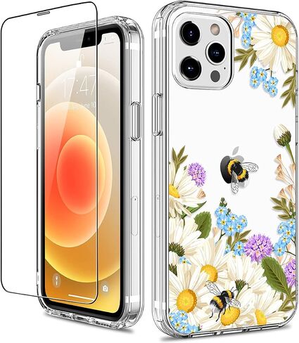 حافظة GiiKa لهاتف iPhone 12 Pro Max مع واقي شاشة، حافظة صلبة شفافة مضادة للصدمات لكامل الجسم للفتيات والنساء مع غطاء ممتص للصدمات من مادة TPU لهاتف iPhone 12 Pro Max، زهور بيضاء in Kuwait