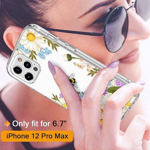حافظة GiiKa لهاتف iPhone 12 Pro Max مع واقي شاشة، حافظة صلبة شفافة مضادة للصدمات لكامل الجسم للفتيات والنساء مع غطاء ممتص للصدمات من مادة TPU لهاتف iPhone 12 Pro Max، زهور بيضاء in Kuwait