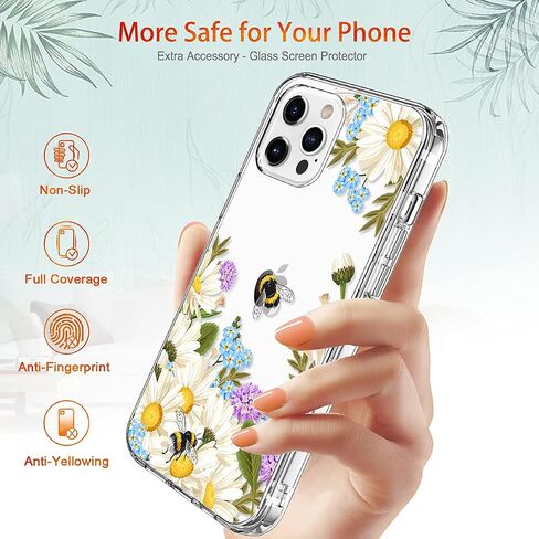 حافظة GiiKa لهاتف iPhone 12 Pro Max مع واقي شاشة، حافظة صلبة شفافة مضادة للصدمات لكامل الجسم للفتيات والنساء مع غطاء ممتص للصدمات من مادة TPU لهاتف iPhone 12 Pro Max، زهور بيضاء in Kuwait