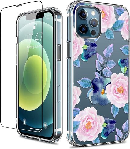 حافظة GiiKa لهاتف iPhone 12 Pro Max مع واقي شاشة، حافظة صلبة شفافة مضادة للصدمات لكامل الجسم للفتيات والنساء مع غطاء ممتص للصدمات من مادة TPU لهاتف iPhone 12 Pro Max، زهور بيضاء in Kuwait