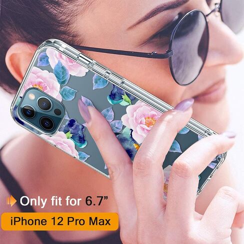 حافظة GiiKa لهاتف iPhone 12 Pro Max مع واقي شاشة، حافظة صلبة شفافة مضادة للصدمات لكامل الجسم للفتيات والنساء مع غطاء ممتص للصدمات من مادة TPU لهاتف iPhone 12 Pro Max، زهور بيضاء in Kuwait