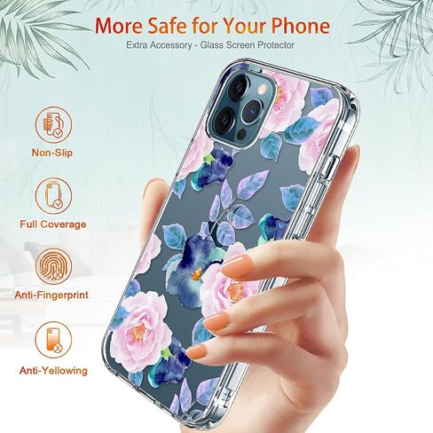 حافظة GiiKa لهاتف iPhone 12 Pro Max مع واقي شاشة، حافظة صلبة شفافة مضادة للصدمات لكامل الجسم للفتيات والنساء مع غطاء ممتص للصدمات من مادة TPU لهاتف iPhone 12 Pro Max، زهور بيضاء in Kuwait