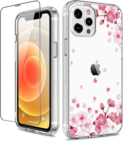 حافظة GiiKa لهاتف iPhone 12 Pro Max مع واقي شاشة، حافظة صلبة شفافة مضادة للصدمات لكامل الجسم للفتيات والنساء مع غطاء ممتص للصدمات من مادة TPU لهاتف iPhone 12 Pro Max، زهور بيضاء in Kuwait