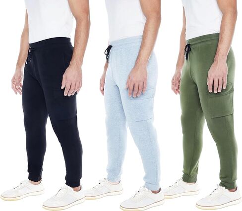 Men's 3-Pack Fleece Athletic Workout Jogger Sweatpants with Cargo Pockets and Drawstring. Available in S to 3XL in Saudi Arabia