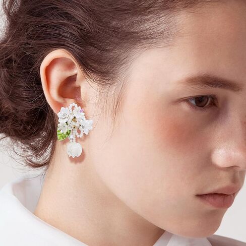 Handmade realistic flower earrings | Colorful white, pink, and blue summer beach party style Bohemian style flower silver needle earrings for mothers and girls as artistic jewelry gifts in Saudi Arabia