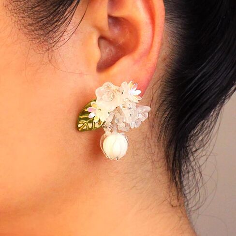 Handmade realistic flower earrings | Colorful white, pink, and blue summer beach party style Bohemian style flower silver needle earrings for mothers and girls as artistic jewelry gifts in Saudi Arabia