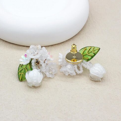 Handmade realistic flower earrings | Colorful white, pink, and blue summer beach party style Bohemian style flower silver needle earrings for mothers and girls as artistic jewelry gifts in Saudi Arabia