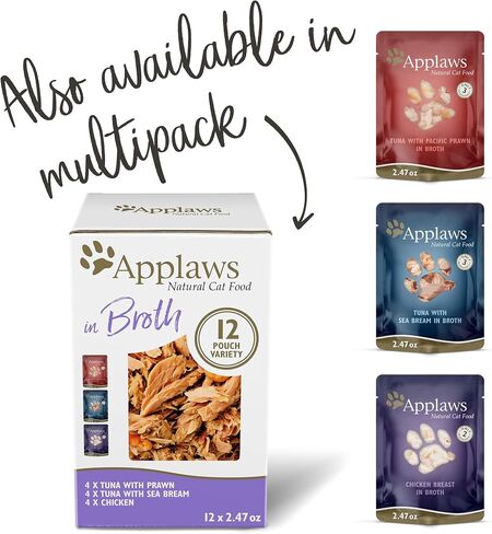 Applaws Natural Wet Cat Food, 12 Count, Limited Ingredient Wet Cat Food Pouches, Tuna Fillet with Shrimp in Broth, 2.47oz Pouches in Kuwait
