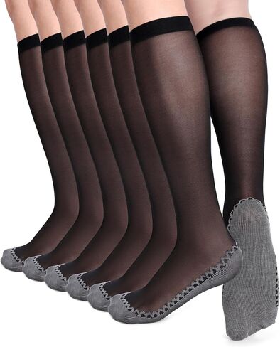 ShinyMatch 6 Pairs Women's Knee High Sheer Socks Silky Anti Slip Cotton Sole Socks Reinforced Toe Stockings for Women in Saudi Arabia