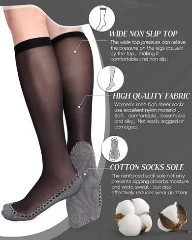 ShinyMatch 6 Pairs Women's Knee High Sheer Socks Silky Anti Slip Cotton Sole Socks Reinforced Toe Stockings for Women in Saudi Arabia