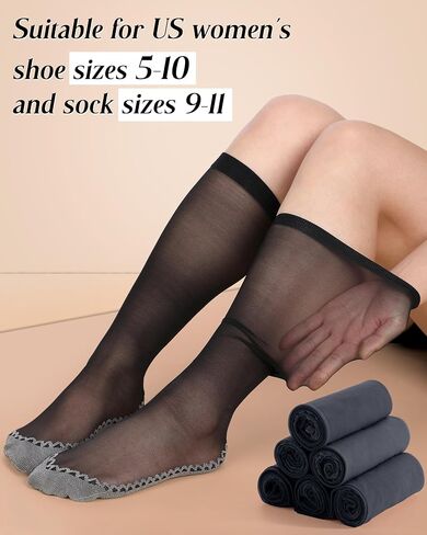 ShinyMatch 6 Pairs Women's Knee High Sheer Socks Silky Anti Slip Cotton Sole Socks Reinforced Toe Stockings for Women in Saudi Arabia