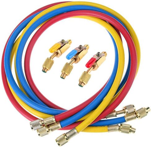Refrigerant Charging Hose with Ball Valve Apply to R134A R12 R22 R502 R404 Refrigerant Air Conditioning Manifold Gauge 1/4" Thread Hose Set 60" Red/Yellow/Blue (Pack of 3) in Saudi Arabia