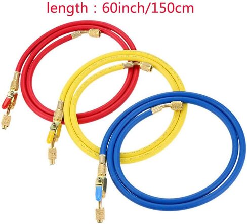 Refrigerant Charging Hose with Ball Valve Apply to R134A R12 R22 R502 R404 Refrigerant Air Conditioning Manifold Gauge 1/4" Thread Hose Set 60" Red/Yellow/Blue (Pack of 3) in Saudi Arabia