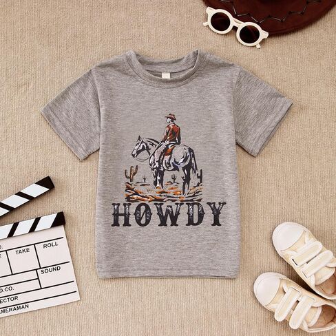 AFUKUIA Toddler Baby Funny Howdy Shirt Kid Boy Western Cowboy Print Short Sleeve T-Shirt Summer Cotton Tee Top in Saudi Arabia