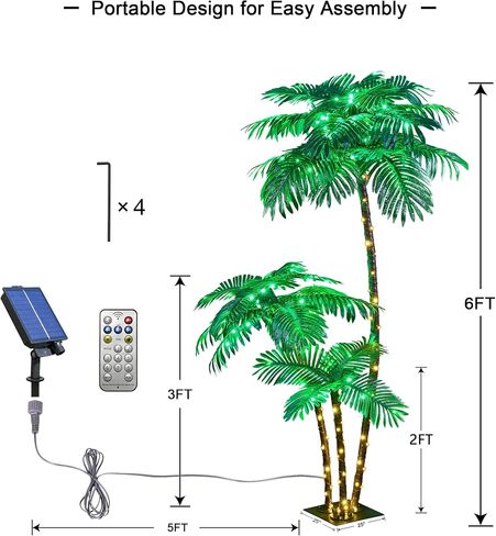 شجرة النخيل المضاءة بالطاقة الشمسية 6FT 3FT 2FT ديكور شجرة النخيل الاصطناعية للخارجية 203 LED تضيء شجرة وهمية للداخلية خارج الفناء هاواي تيكي بار الديكور in Kuwait