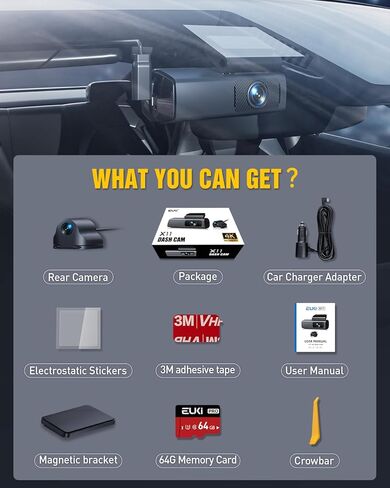 كاميرا داش كام أمامية وخلفية، كاميرا داش EUKI 4K/2.5K UHD للسيارات، كاميرا داش كام واي فاي مدمجة، بطاقة مجانية 64 جيجابايت، رؤية ليلية، زاوية واسعة 170 درجة، WDR، وضع انتظار 24 ساعة in Kuwait