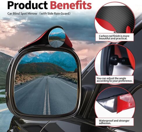 Car Blind Spot Mirror with Side Rain Eyebrow, 2 in 1 HD Wide Angle Convex Rear view Mirror with Rain Guards, Auto Exterior Accessories for Car Truck SUV (Carbon Red 2 Pack) in Kuwait