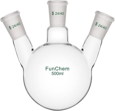 FunChem دورق سفلي دائري بثلاثة رقاب، RBF، دورق غليان زجاجي 3 رقبة مع وصلة خارجية مدببة قياسية 24/40، 500 مل in Kuwait
