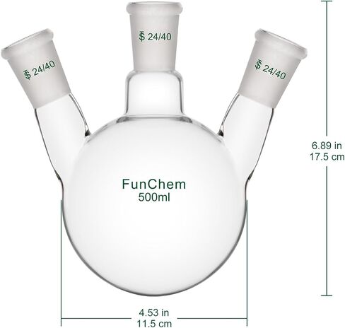 FunChem دورق سفلي دائري بثلاثة رقاب، RBF، دورق غليان زجاجي 3 رقبة مع وصلة خارجية مدببة قياسية 24/40، 500 مل in Kuwait