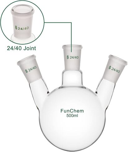FunChem دورق سفلي دائري بثلاثة رقاب، RBF، دورق غليان زجاجي 3 رقبة مع وصلة خارجية مدببة قياسية 24/40، 500 مل in Kuwait
