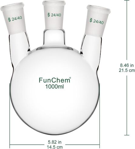 FunChem دورق سفلي دائري بثلاثة رقاب، RBF، دورق غليان زجاجي 3 رقبة مع وصلة خارجية مدببة قياسية 24/40، 500 مل in Kuwait