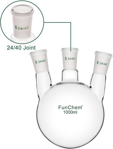 FunChem دورق سفلي دائري بثلاثة رقاب، RBF، دورق غليان زجاجي 3 رقبة مع وصلة خارجية مدببة قياسية 24/40، 500 مل in Kuwait