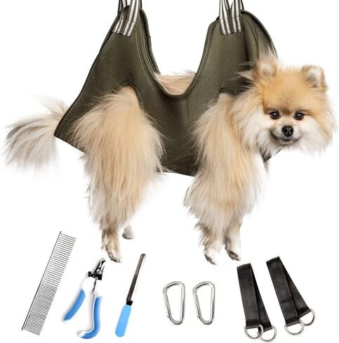 Freshly Bailey Dog Sling for Nail Trimming - Dog & Cat Grooming Hammock Hanging Harness for Dogs & Cats 11-25 LBS - Pet Nail Clipping Restraint - Nail Clippers, Nail File, & Pet Comb Kit - Small in Saudi Arabia