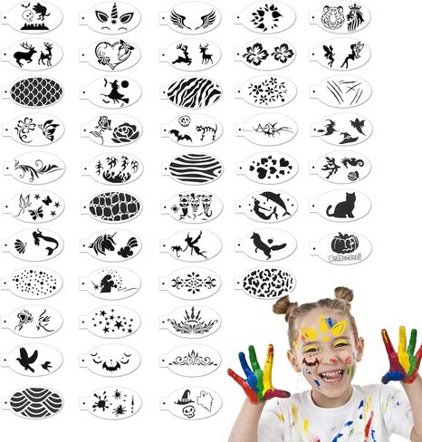 RYKOMO 48 Pieces Face Paint Stencils Body Facial Painting Stencils Plastic Tattoo Painting Templates Face Tracing Stencils Reusable Makeup Painting Templates for Holiday Halloween Party in Kuwait