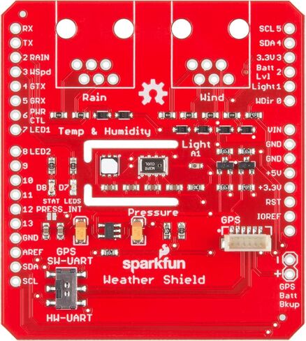 SparkFun Weather Shield utilizes The Si7021 Humidity/Temperature Sensor, The MPL3115A2 barometric Pressure Sensor and The ALS-PT19 Light Sensor in Saudi Arabia
