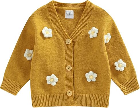 سترة صوفية للفتيات الصغيرات بأكمام طويلة وأزرار متماسكة معاطف سترة علوية لطيفة للخريف والشتاء ملابس دافئة (أصفر زهري، 1-2T) in Kuwait