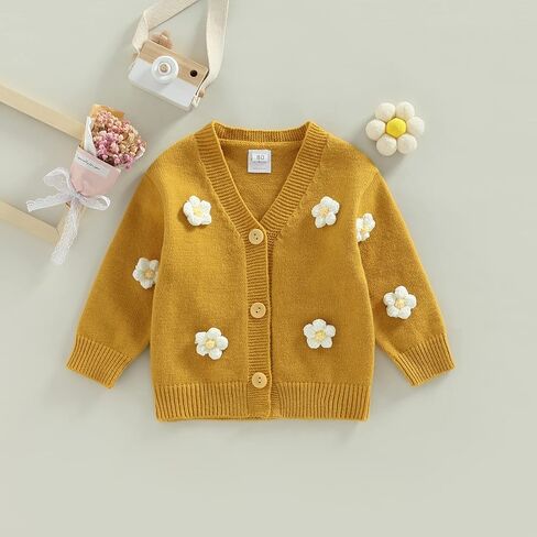 سترة صوفية للفتيات الصغيرات بأكمام طويلة وأزرار متماسكة معاطف سترة علوية لطيفة للخريف والشتاء ملابس دافئة (أصفر زهري، 1-2T) in Kuwait