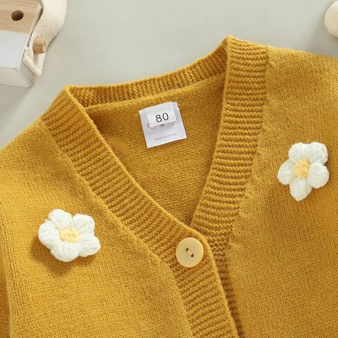 سترة صوفية للفتيات الصغيرات بأكمام طويلة وأزرار متماسكة معاطف سترة علوية لطيفة للخريف والشتاء ملابس دافئة (أصفر زهري، 1-2T) in Kuwait