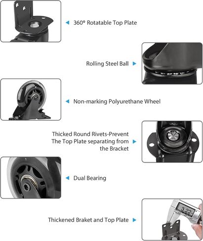 Hirate Side Mount Casters Set of 4 with Brake, 3" L-Shaped Plate Casters Replacement Material Handling for Furniture, Baby Bed, Suitcase,Cabinet,Table Casters,Loading Capacity 600 Lbs in Saudi Arabia