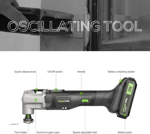 أداة التأرجح اللاسلكية GALAX PRO، 6 أدوات متعددة التأرجح متغيرة السرعة مع بطارية وشاحن 1.3 أمبير، قطعة واحدة من شفرة مكشطة، 3 قطع من شفرات المنشار و10 قطع من أوراق الصنفرة للصنفرة والطحن in Kuwait