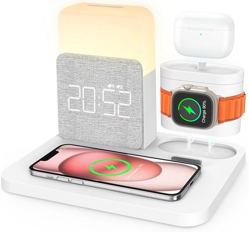 【أحدث 2024】 محطة شحن لاسلكية، ساعة منبه مع شاحن لاسلكي، محطة شحن مصباح منضدة لهاتف iPhone 15 14 13 12 11 Pro Max، ساعة Apple، AirPods، 0-100% باهتة in Kuwait