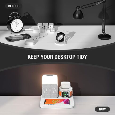 【أحدث 2024】 محطة شحن لاسلكية، ساعة منبه مع شاحن لاسلكي، محطة شحن مصباح منضدة لهاتف iPhone 15 14 13 12 11 Pro Max، ساعة Apple، AirPods، 0-100% باهتة in Kuwait