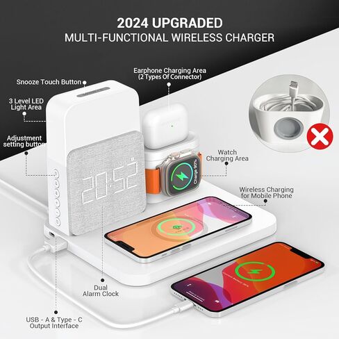 【أحدث 2024】 محطة شحن لاسلكية، ساعة منبه مع شاحن لاسلكي، محطة شحن مصباح منضدة لهاتف iPhone 15 14 13 12 11 Pro Max، ساعة Apple، AirPods، 0-100% باهتة in Kuwait