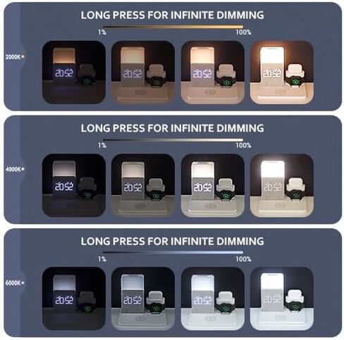 【أحدث 2024】 محطة شحن لاسلكية، ساعة منبه مع شاحن لاسلكي، محطة شحن مصباح منضدة لهاتف iPhone 15 14 13 12 11 Pro Max، ساعة Apple، AirPods، 0-100% باهتة in Kuwait