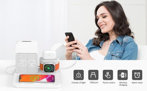 【أحدث 2024】 محطة شحن لاسلكية، ساعة منبه مع شاحن لاسلكي، محطة شحن مصباح منضدة لهاتف iPhone 15 14 13 12 11 Pro Max، ساعة Apple، AirPods، 0-100% باهتة in Kuwait