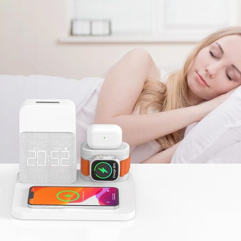 【أحدث 2024】 محطة شحن لاسلكية، ساعة منبه مع شاحن لاسلكي، محطة شحن مصباح منضدة لهاتف iPhone 15 14 13 12 11 Pro Max، ساعة Apple، AirPods، 0-100% باهتة in Kuwait