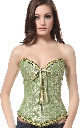 OMZIN Women Summer Sexy Lace up Corset Bustier Waist Cincher Overbust Satin Boned Floral Trim Shapewear in Kuwait