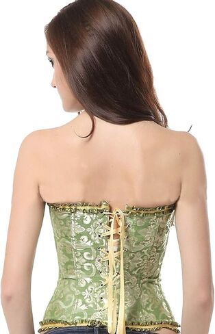 OMZIN Women Summer Sexy Lace up Corset Bustier Waist Cincher Overbust Satin Boned Floral Trim Shapewear in Kuwait