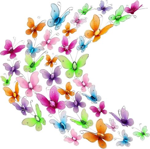 Zonon 60 Pcs Small Butterflies for Crafts Organza Butterflies Pack Sheer Mesh Wire Glitter Butterfly Nylon Colorful Butterfly with Gem for DIY Wedding Birthday Party Decoration, 2 Sizes(Bright Color) in Saudi Arabia