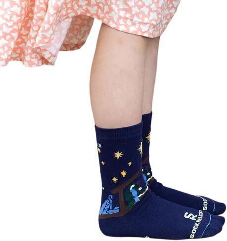 Sock Religious Oh Come Let Us Adore Him Nativity First Family Royal Blue Boys and Girl's One Size Fits Most Polyester Blend Catholic Inspirational Fun Crew Socks, Kids in Kuwait