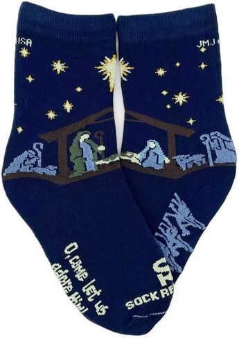Sock Religious Oh Come Let Us Adore Him Nativity First Family Royal Blue Boys and Girl's One Size Fits Most Polyester Blend Catholic Inspirational Fun Crew Socks, Kids in Kuwait